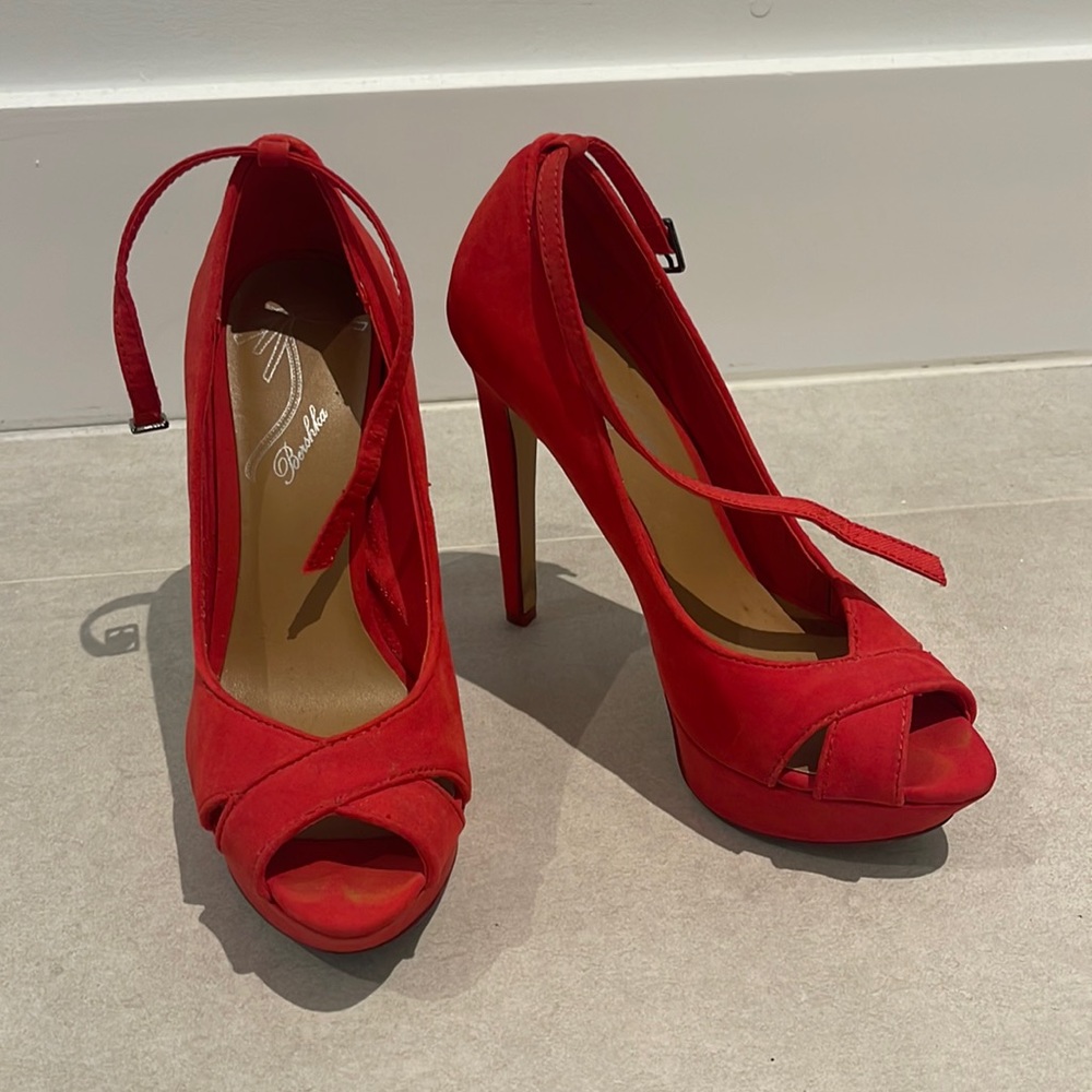 Bershka women size EUR 36 6 red open toe heel stilleto shoes suede type fabric